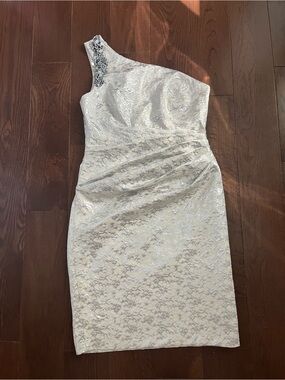 One-Shoulder Silver Lace Print Dress with Beaded Accent